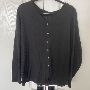 Black Waffle Knit Button Front Shirt
